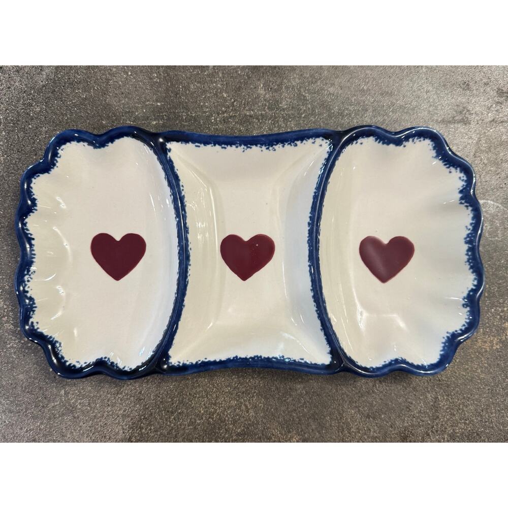 Heart Divided Tray Scallop Edge Cottage Core StampBorder Red Blue Trinket Serve